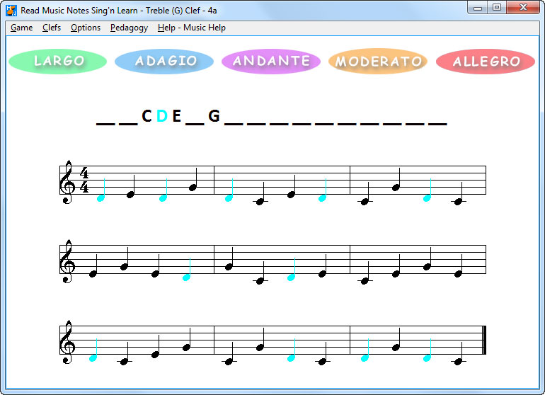 4 music notes in treble clef with color music note D