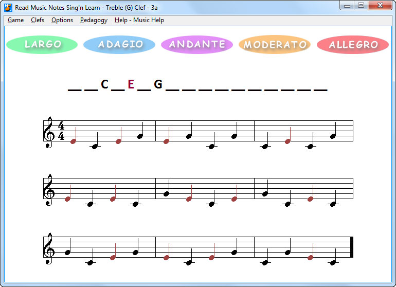 3 music notes in treble clef with color music note E