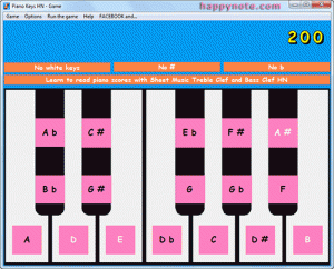 Learn the black keys (sharps and flats music notes) and white keys of a piano keyboard with a game.